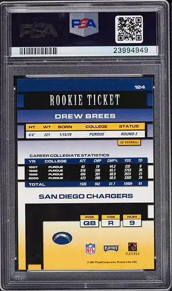 2001 Playoff Contenders Drew Brees ROOKIE AUTO DNA 10 #124 PSA 10 GEM MINT back side