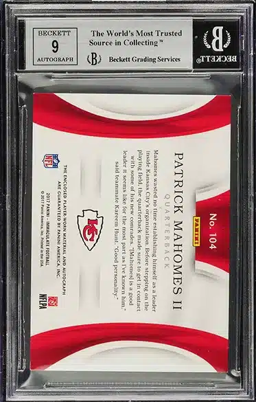 2017 Immaculate Collection Patrick Mahomes II ROOKIE PATCH AUTO /99 #104 BGS 8.5 BACK SIDE
