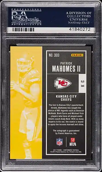 2017 Panini Contenders Cracked Ice Patrick Mahomes ROOKIE AUTO /25 #303 PSA 10 BACK SIDE