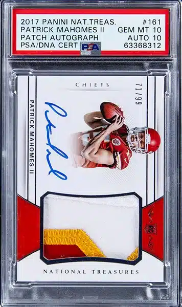 2017 Panini National Treasures Rookie Patch Autograph (RPA) #161 Patrick Mahomes II Signed Patch Rookie Card (#71/99) - PSA GEM MT 10