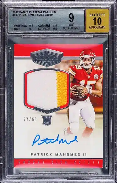 2017 Panini Plates & Patches Patrick Mahomes II ROOKIE PATCH AUTO /50 #217 BGS 9