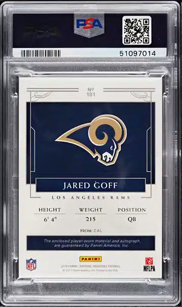 2016 National Treasures Jared Goff ROOKIE PATCH AUTO /99 #101 PSA 9 MINT back side