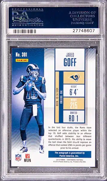 2016 Panini Contenders "Rookie Ticket Autographs" Cracked Ice #301 Jared Goff Signed Rookie Card (#10/24) - PSA GEM MT 10 back side