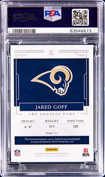 2016 Panini National Treasures Rookie Patch Autograph (RPA) NFL Shield #101 Jared Goff Signed Patch Rookie Card (#1/1) - PSA EX-MT 6 back side