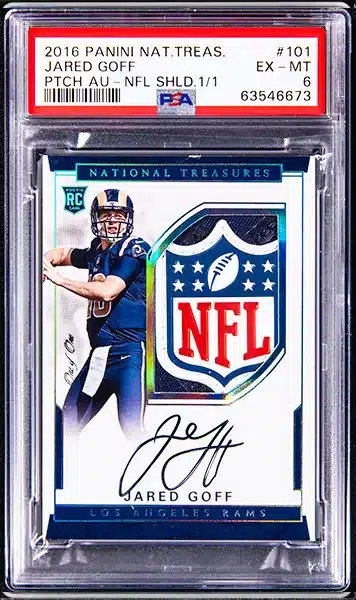 2016 Panini National Treasures Rookie Patch Autograph (RPA) NFL Shield #101 Jared Goff Signed Patch Rookie Card (#1/1) - PSA EX-MT 6
