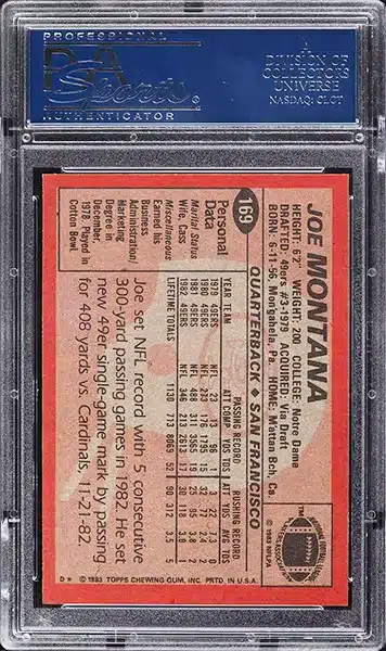 1983 Topps Football Joe Montana #169 PSA 10 GEM MINT back side