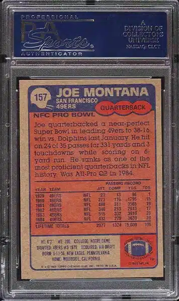 1985 Topps Football Joe Montana #157 PSA 10 GEM MINT back side