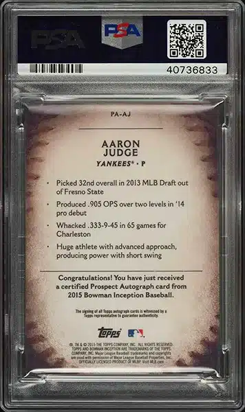 2015 Bowman Inception Prospect Green Aaron Judge ROOKIE AUTO DNA 10 /99 PSA 10 back side