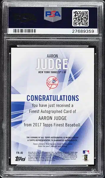 2017 Finest Gold Refractor Aaron Judge ROOKIE AUTO /50 #FA-AJ PSA 10 GEM MINT back side