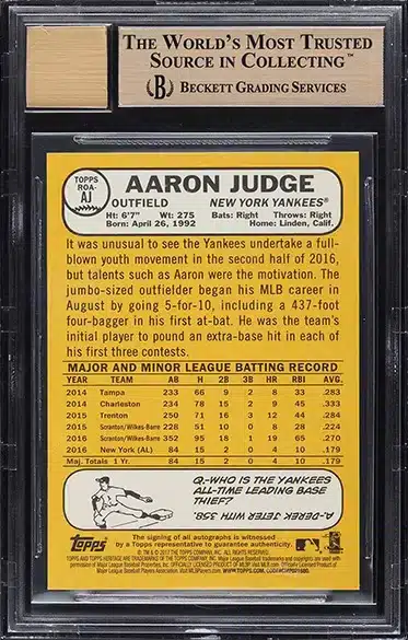 2017 Topps Heritage Real One Red Ink Aaron Judge ROOKIE AUTO /68 #ROA-AJ BGS 10 BACK