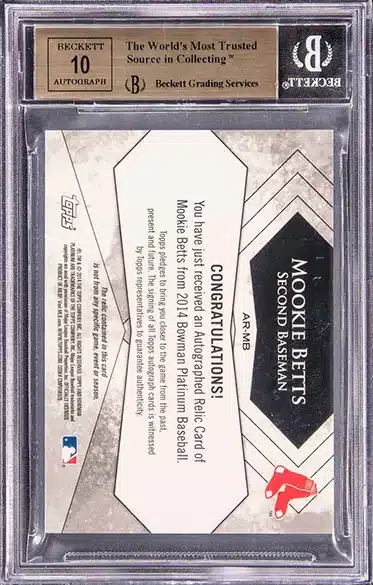 2014 Bowman Platinum Relic Autographs Superfractor #ARMB Mookie Betts Signed Game-Used Patch Rookie Card (#1/1) – BGS GEM MINT 9.5/Beckett 10 back