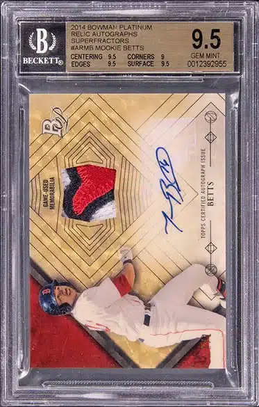 2014 Bowman Platinum Relic Autographs Superfractor #ARMB Mookie Betts Signed Game-Used Patch Rookie Card (#1/1) – BGS GEM MINT 9.5/Beckett 10