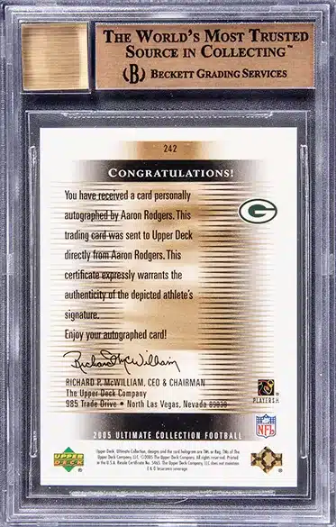 005 Upper Deck Ultimate Collection Autograph #242 Aaron Rodgers Signed Rookie Card (#29/99) – BGS GEM MINT 9.5 back side