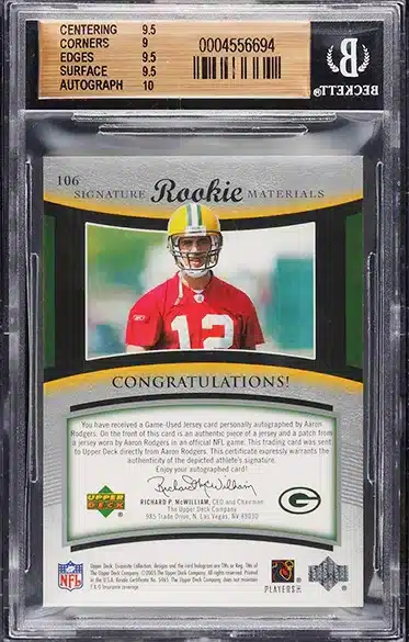 2005 Exquisite Collection Aaron Rodgers ROOKIE PATCH AUTO /199 #106 BGS 9.5 GEM mint back side