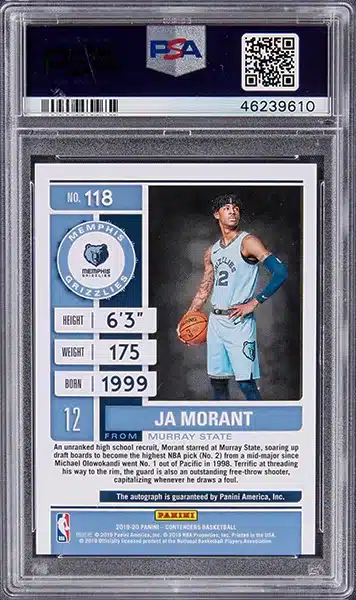 2019-20 Panini Contenders Playoff Ticket Autograph, One Hand On Ball #118 Ja Morant Signed Rookie Card (#04/99) – PSA GEM MT 10 back side