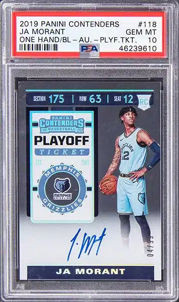 2019-20 Panini Contenders Playoff Ticket Autograph, One Hand On Ball #118 Ja Morant Signed Rookie Card (#04/99) – PSA GEM MT 10
