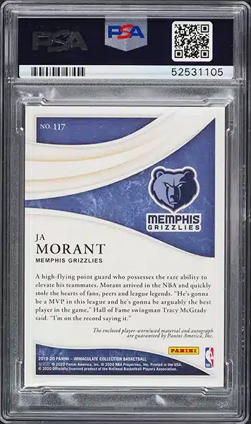 2019 Immaculate Collection Ja Morant ROOKIE PATCH AUTO /99 #117 PSA 9 MINT back side
