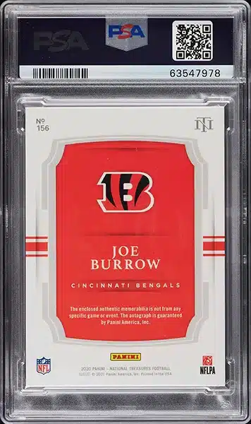 2020 National Treasures Red Joe Burrow ROOKIE TAG PATCH AUTO 1/1 #156 PSA 9 MINT BACK SIDE