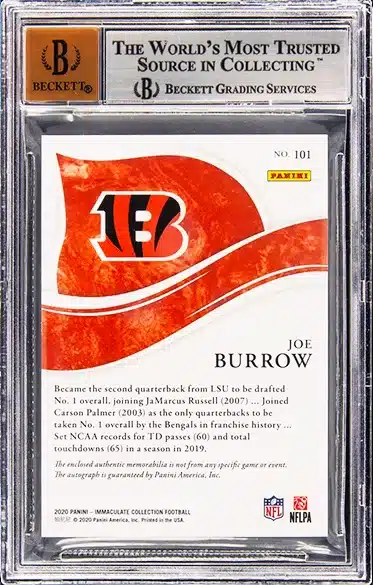 2020 Panini Immaculate Collection #101 Joe Burrow Rookie Jersey Autograph (#7/99) BGS MINT 9 BACK SIDE