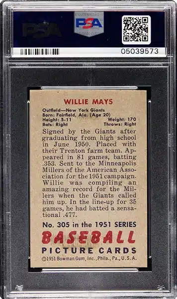1951 Bowman Willie Mays Rookie Card #305 graded PSA NM-MT 8 back side