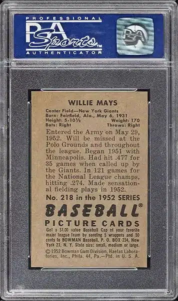 1952 Bowman Willie Mays baseball card #218 graded PSA 8 NM-MT back side