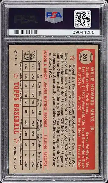 1952 Topps Willie Mays baseball card #261 graded PSA 8 NM-MT back side