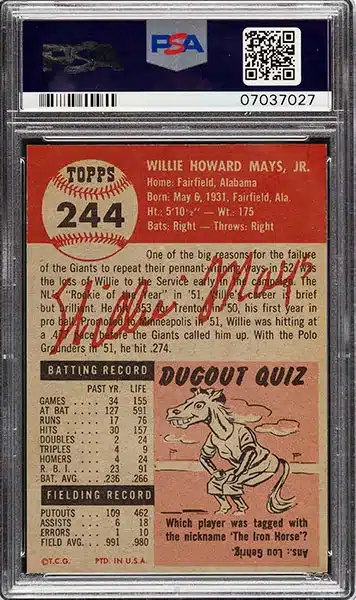 1953 Topps Willie Mays SHORT PRINT baseball card #244 graded PSA 8 NM-MT back side