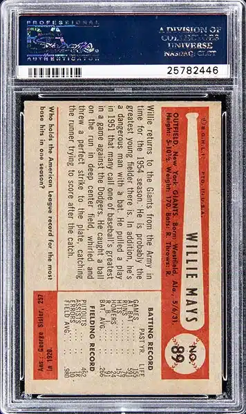 1954-Bowman-Willie-Mays-baseball-card-#89-graded-PSA-8-NM-MT back side