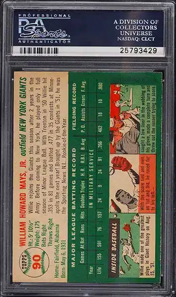 1954 Topps Willie Mays baseball card #90 graded PSA 8 NM-MT back side