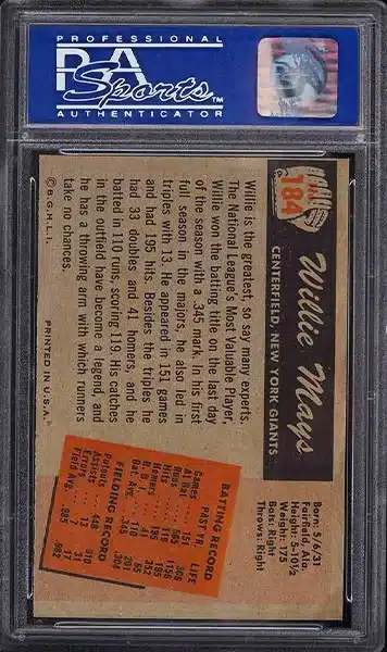 1955 Bowman Willie Mays baseball card #184 graded PSA 8 NM-MT back side