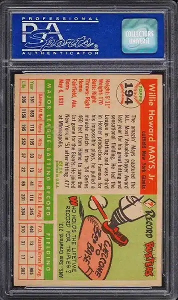 1955 Topps Willie Mays baseball card #194 graded PSA 8 NM-MT back side