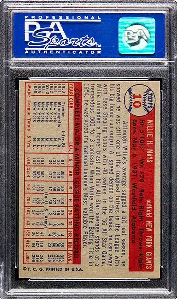 1957 Topps Willie Mays baseball card #10 graded PSA 8 NM-MT back side