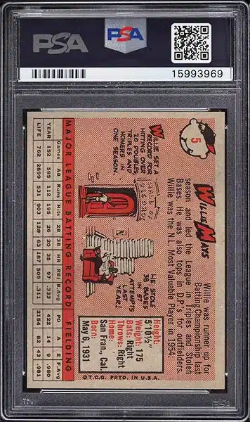 1958 Topps Willie Mays baseball card #5 graded PSA 8 NM-MT back side