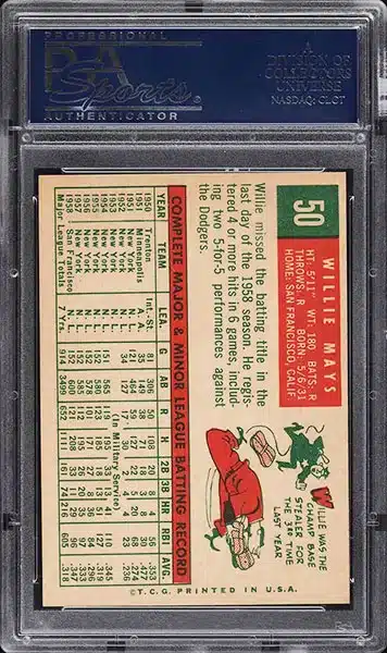 1959 Topps Willie Mays baseball card #50 graded PSA 8 NM-MT back side