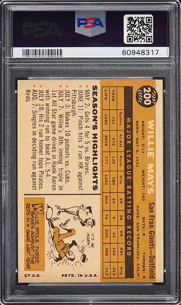 1960 Topps Willie Mays baseball card #200 graded PSA 8 NM-MT back side