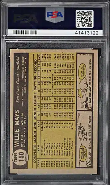 1961 Topps Willie Mays baseball card #150 graded PSA 8 NM-MT back side