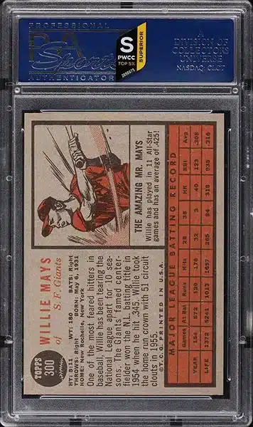 1962 Topps Willie Mays baseball card #300 graded PSA 8 NM-MT back side