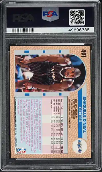 1992 Fleer Basketball Shaquille O'Neal ROOKIE #401 PSA 10 GEM MINT back side