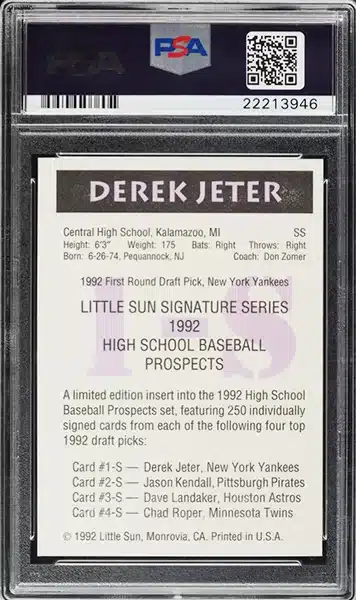 1992 Little Sun Prospects Derek Jeter ROOKIE AUTO DNA PSA 10 GEM MINT back side
