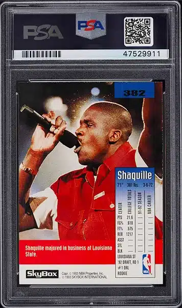 1992 Skybox Basketball Shaquille O'Neal ROOKIE RC #382 PSA 10 GEM MINT back side