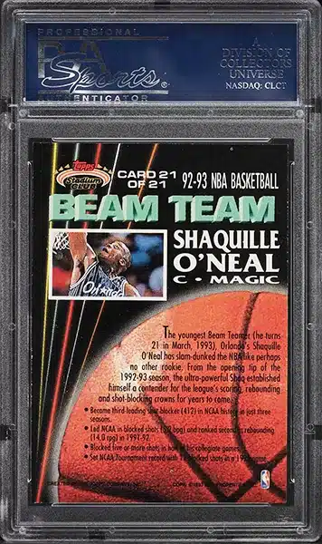 1992 Stadium Club Beam Team Members Only Shaquille O'Neal ROOKIE #21 PSA 10 GEM back side