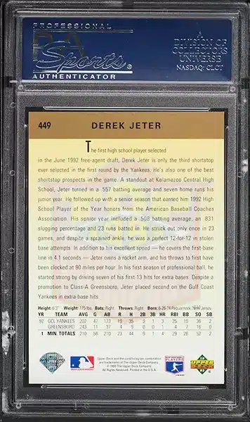1993 Upper Deck Derek Jeter ROOKIE #449 PSA 10 GEM MINT back side