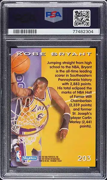 1996 Skybox Premium Kobe Bryant ROOKIE #203 PSA 10 GEM MINT back side