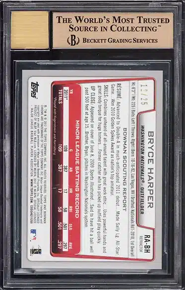 2012 Bowman Chrome Orange Refractor Bryce Harper ROOKIE AUTO /25 #RA-BH BGS 9.5 BACK SIDE