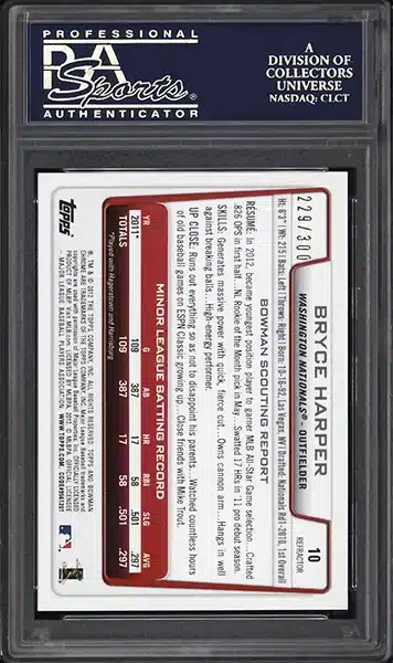 2012 Bowman Chrome Refractor Bryce Harper ROOKIE RC /300 #10 PSA 10 GEM BACK SIDE