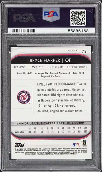 2012 Finest Refractor Bryce Harper ROOKIE #73 PSA 10 GEM MINT BACK SIDE