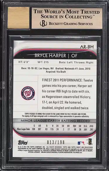 2012 Finest Refractor Bryce Harper ROOKIE AUTO /198 #AR-BH BGS 10 PRISTINE BACK SIDE