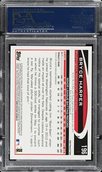 2012 Topps Chrome Black Refractor Bryce Harper ROOKIE /199 #196 PSA 10 GEM MINT BACK SIDE