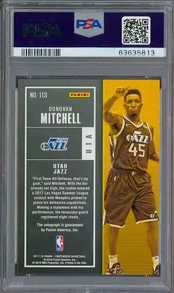 2017-18 Panini Contenders Finals Ticket Donovan Mitchell RC AUTO /49 PSA 10 back side