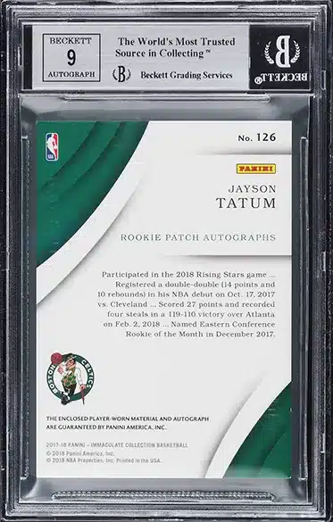 2017 Immaculate Collection Jayson Tatum ROOKIE PATCH AUTO /99 #126 BGS 9 MINT back side